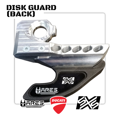 Aluminum disk guard for a motorcycle's braking system, with a black mounting arm and nearby brand logos (Ares, Ducati).