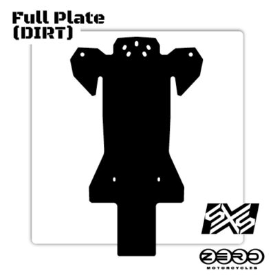 Black silhouette of a dirt bike full plate component centered on a white square, with the label 'Full Plate (DIRT)' top left and brand logos bottom right.